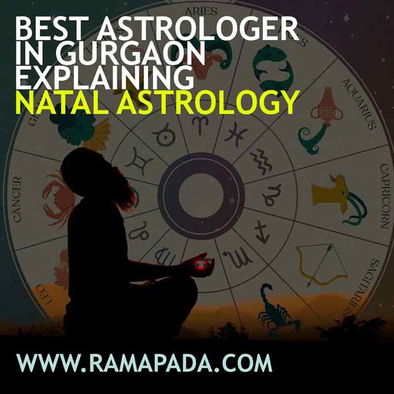 Natal astrology illustration with zodiac wheel and meditating figure representing horoscope analysis