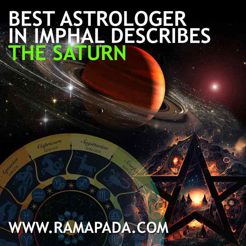 The best astrologer in Imphal describing Saturn in astrology with Shani planet rings and zodiac background