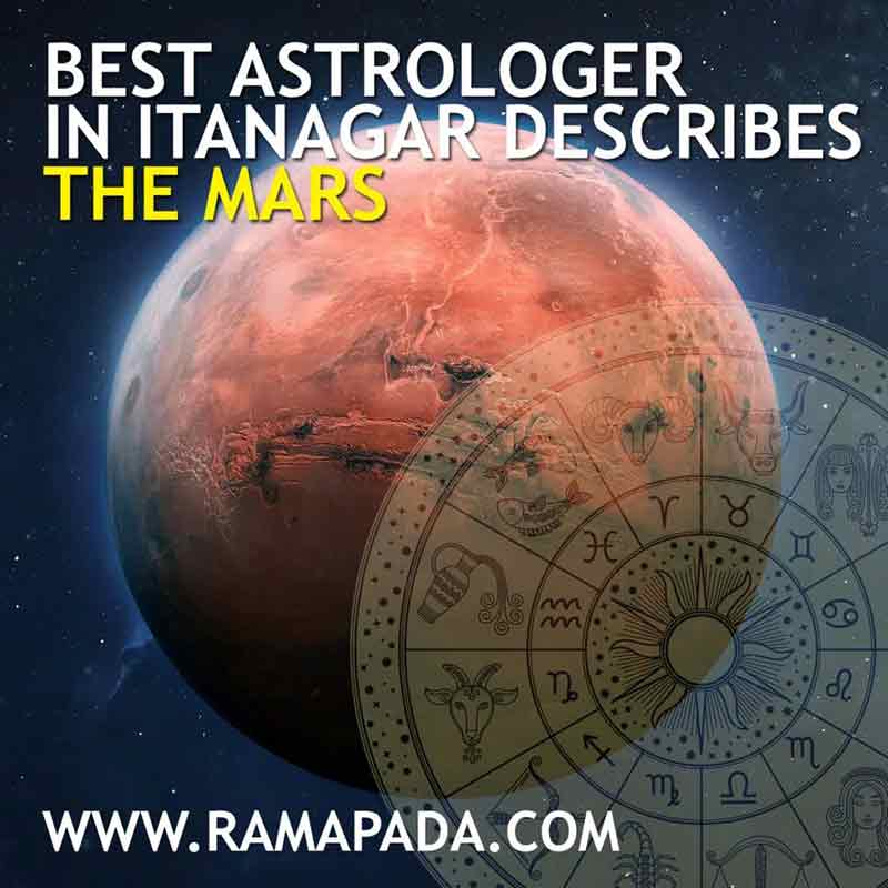 The best astrologer in Itanagar describing Mars in astrology with red planet and zodiac background