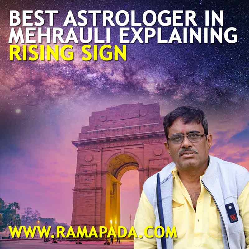 An astrologer explaining rising sign with India Gate in the background and cosmic sky theme