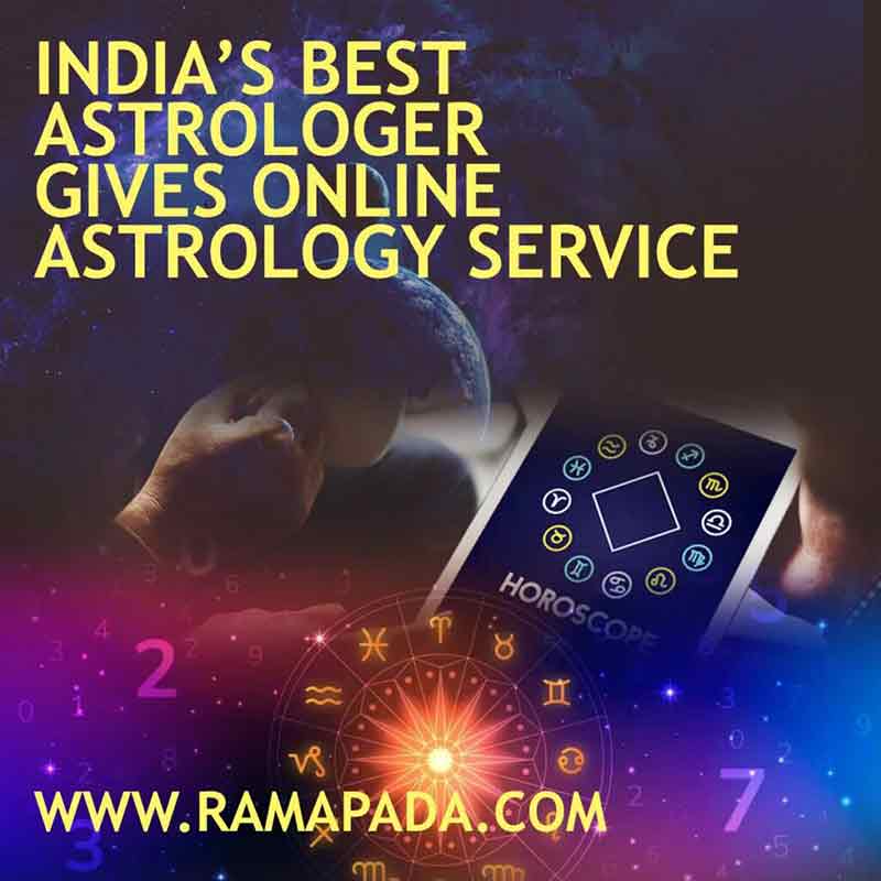 India's best astrologer giving online astrology services with text over a horoscope and space background.