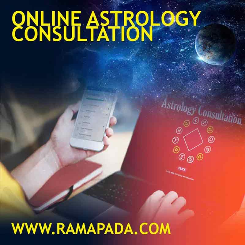 Online astrology consultation banner featuring a laptop and a smartphone against a cosmic background.