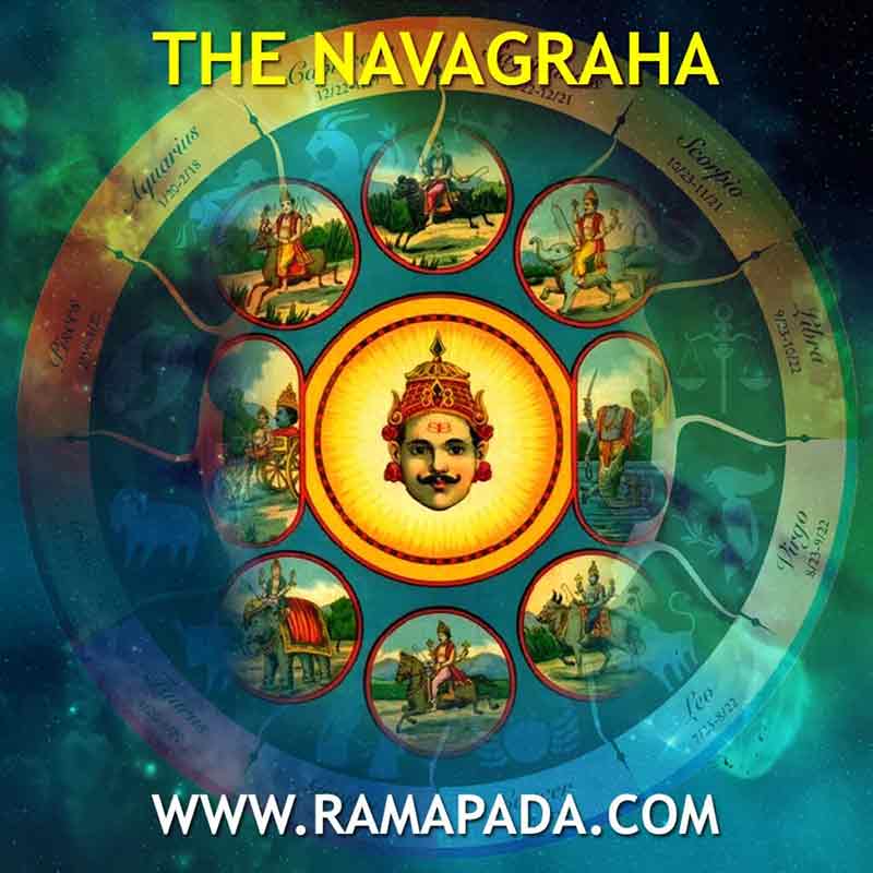 The Navagraha representing nine planetary deities in Vedic astrology and spiritual cosmic energy