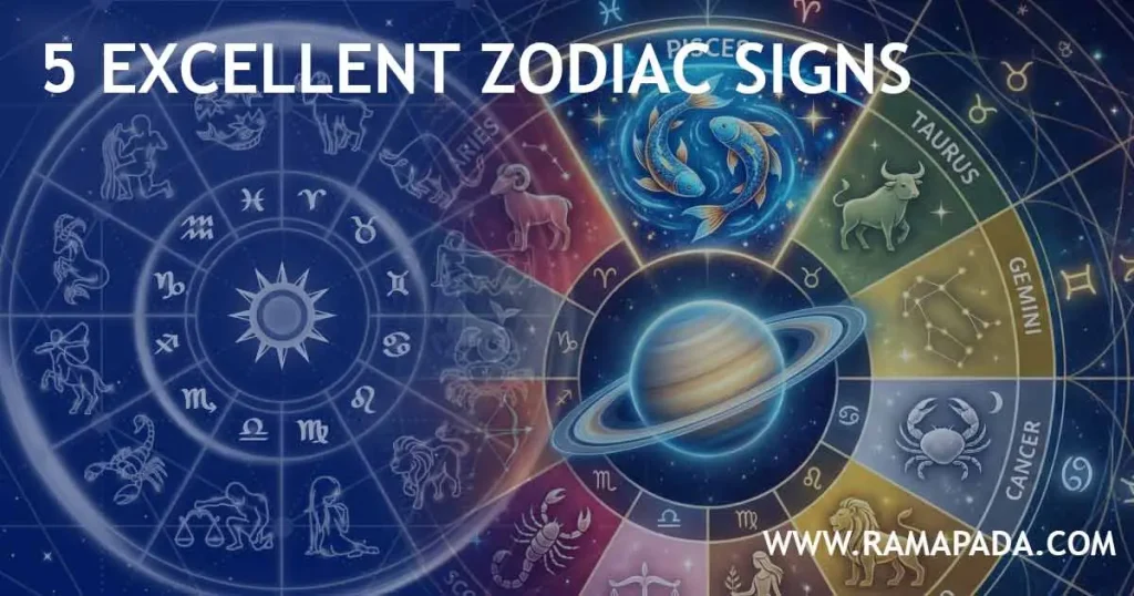 5 excellent zodiac signs in astrology showing horoscope wheel and planetary influence by Ramapada Acharjee