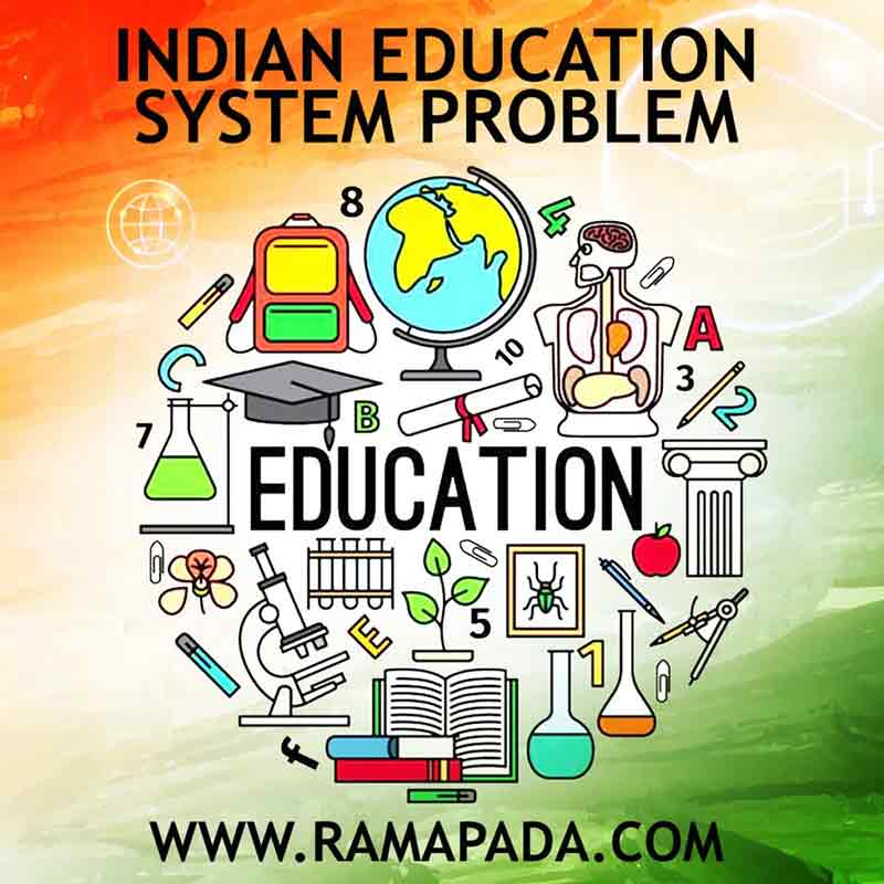 Indian education system problem illustration with books, globe, science symbols and learning icons