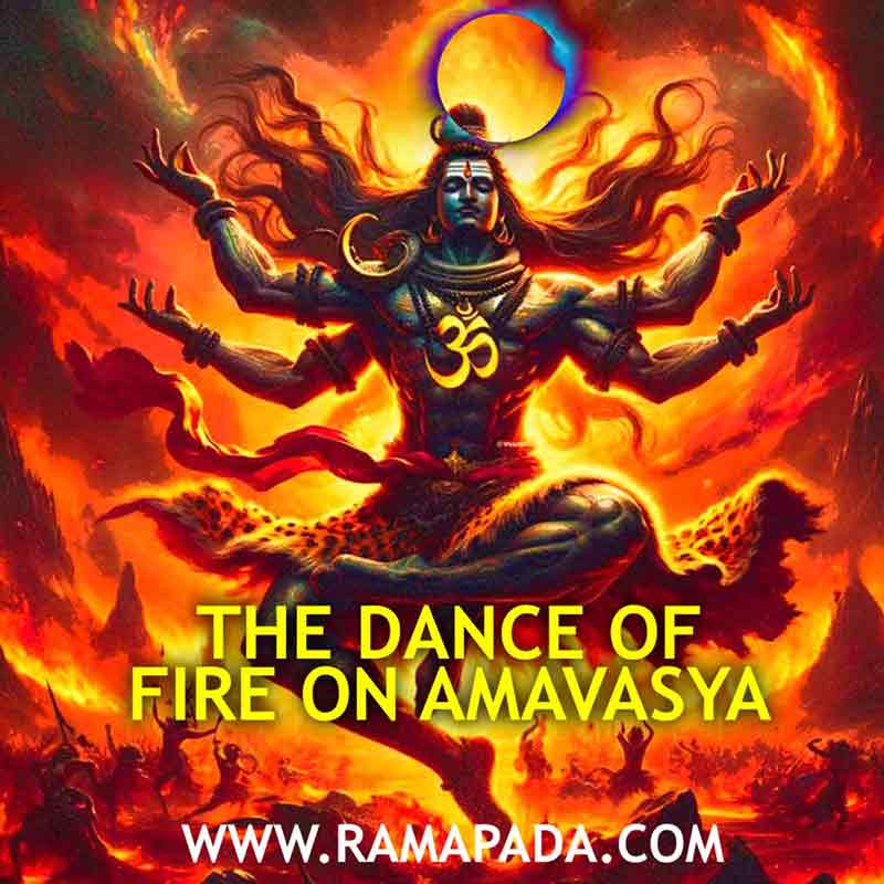 Lord Shiva surrounded by flames performing a cosmic dance during Amavasya night