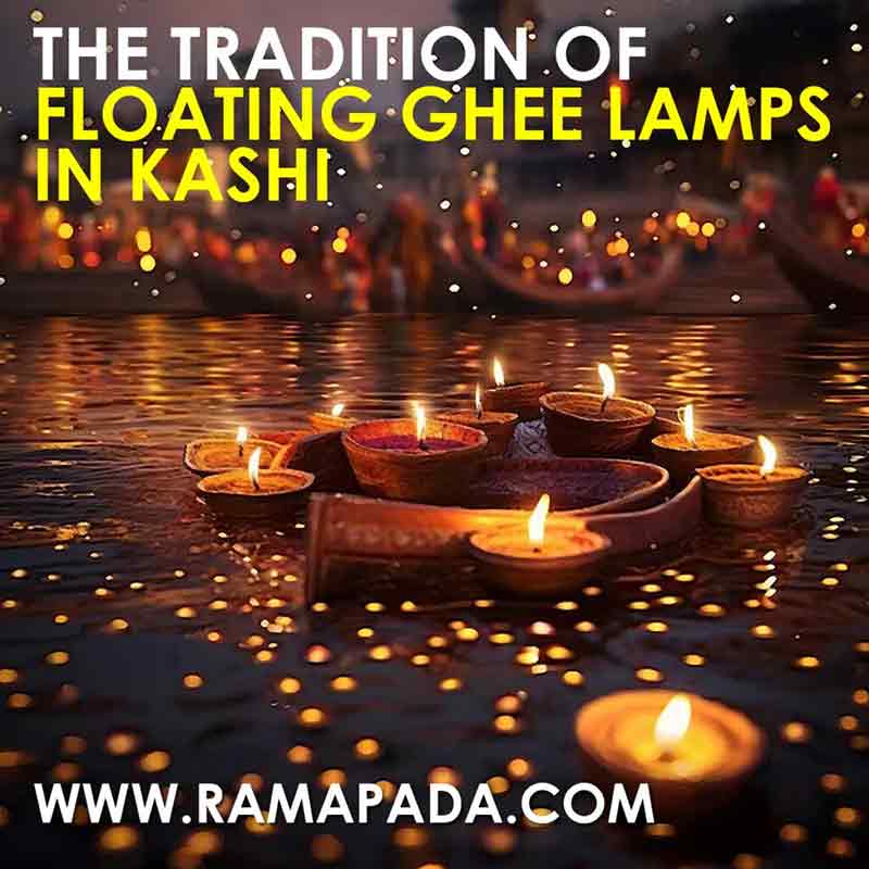 Traditional floating ghee lamps in Kashi during spiritual evening ritual on the river