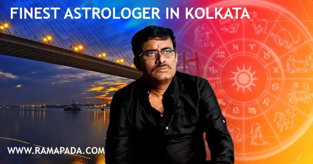 Best astrologer in Kolkata Ramapada Acharjee with zodiac chart and Howrah Bridge background