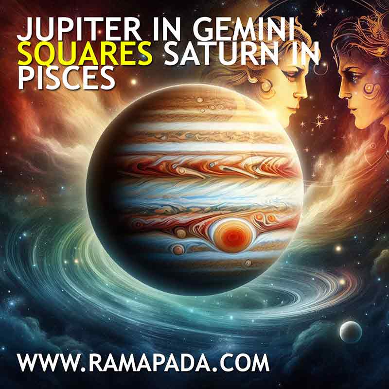 Jupiter in Gemini squares Saturn in Pisces astrology transit with cosmic planetary symbolism