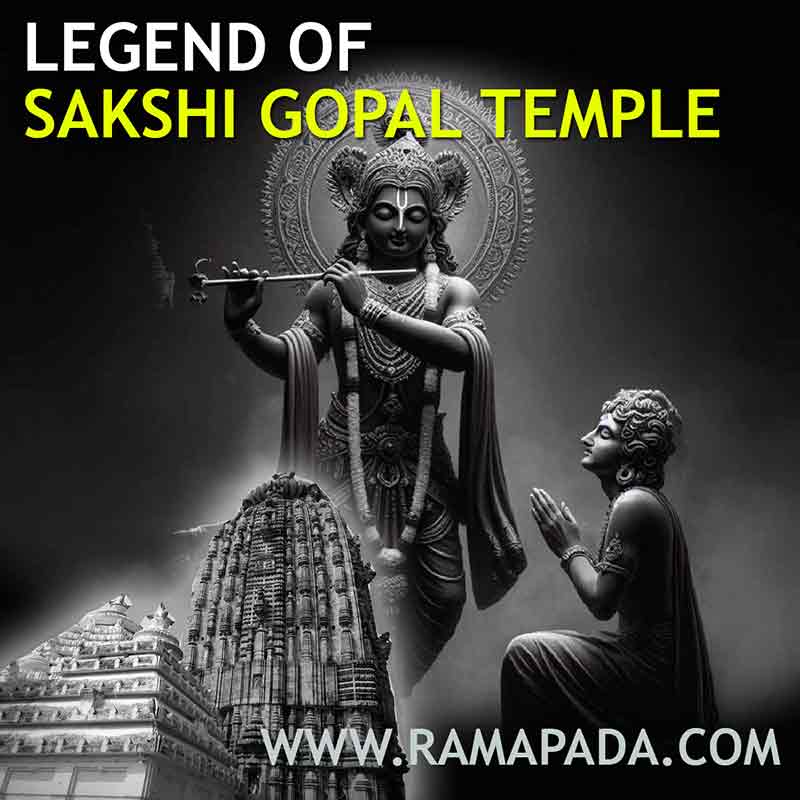 Legend of Sakshi Gopal Temple with Lord Krishna statue and devotees in prayer