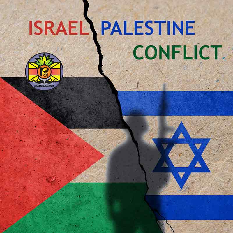 Israel-Palestine conflict illustration with divided flags and symbolic border crack
