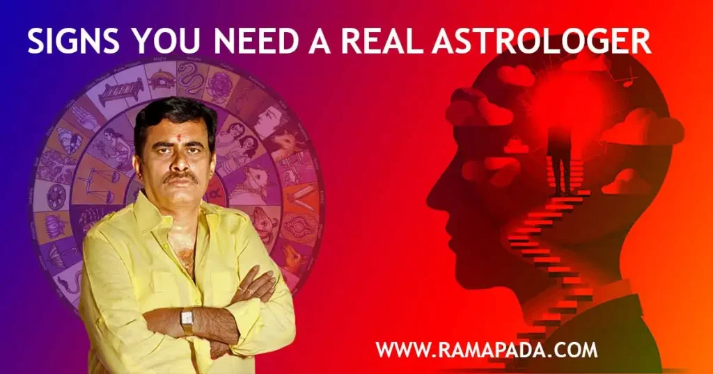 Astrology-themed artwork showing Ramapada Acharjee with zodiac symbols and the message “Signs You Need a Real Astrologer